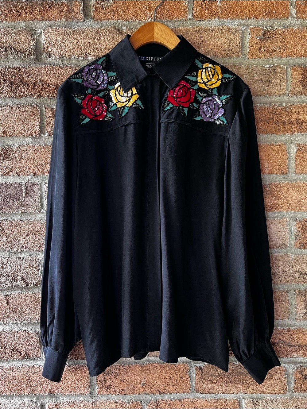 I.B. Diffusion Vintage 100% Silk Black Beaded Sequin Rose Western Blouse 8